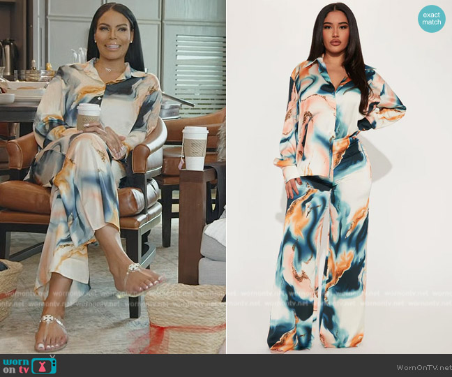 Fashion Nova Caught in the Moment Satin Pant Set worn by Mia Thornton on The Real Housewives of Potomac