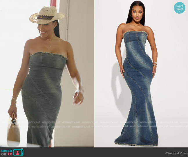 Fashion Nova Dana Denim Maxi Dress worn by Mia Thornton on The Real Housewives of Potomac