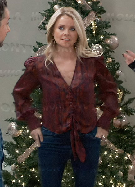 Felicia’s red and black floral tie waist blouse on General Hospital