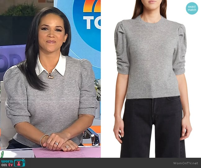 Frame Ruched Sleeve Recycled Cashmere Blend Sweater in Gris Heather worn by Laura Jarrett on Today