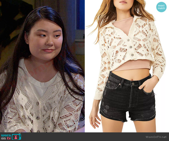 Free People Sedona Crochet Cropped Cardigan worn by Wendy Shin (Victoria Grace) on Days of our Lives