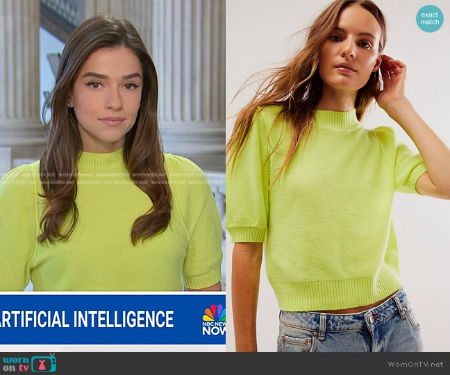 Free People Staycation Cashmere Pullover in Acid Green worn by Julie Tsirkin on NBC News Daily