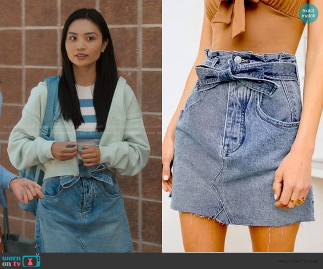 Free People East of Eden Belted Denim Frayed Mini Skirt worn by Olivia (Gabrielle Jacinto) on My Life with the Walter Boys