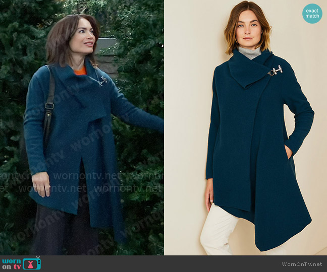 Garnet Hill Asymmetrical Boiled-Wool Coat in Midnight Topaz worn by Elizabeth Webber (Rebecca Herbst) on General Hospital