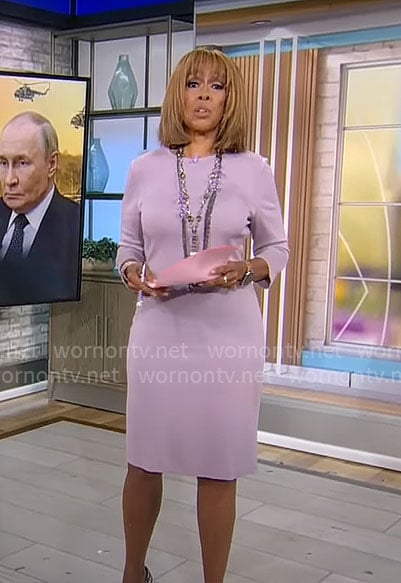 Gayle King's light purple statement sleeve sheath dress on CBS Mornings