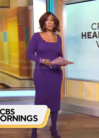 Gayle King's purple rib knit square neck dress on CBS Mornings
