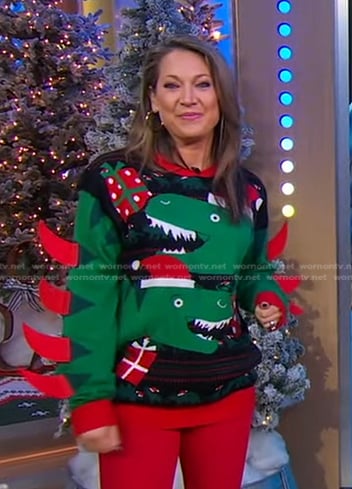 Ginger’s dinosaur ugly christmas sweater on Good Morning America