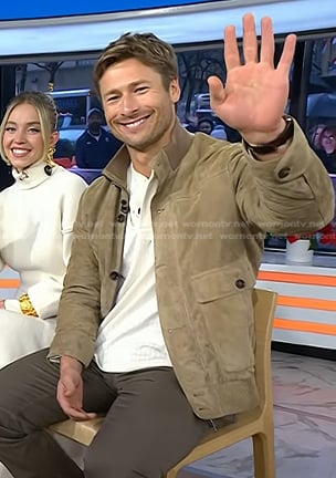 Glen Powell's beige suede jacket on Today