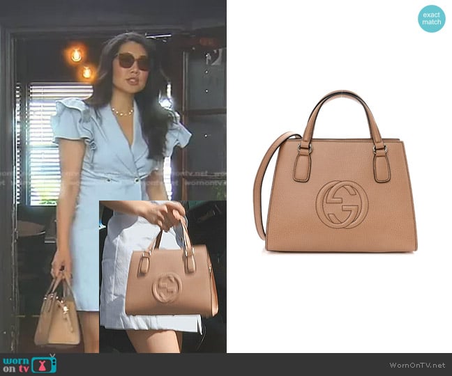 Gucci Dollar Calfskin Medium Soho Top Handle Satchel Camelia worn by Crystal Kung Minkoff on The Real Housewives of Beverly Hills