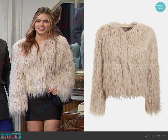 Guess Faux Fur Jacket in Beige worn by Holly Jonas (Ashley Puzemis) on Days of our Lives