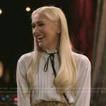 Gwen Stefani’s white pleated blouse and metallic embellished skirt on The Voice