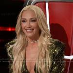 Gwen Stefani’s metallic plunge neck dress on The Voice