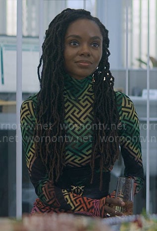 Hazel's rainbow geometric print mesh dress on The Other Black Girl