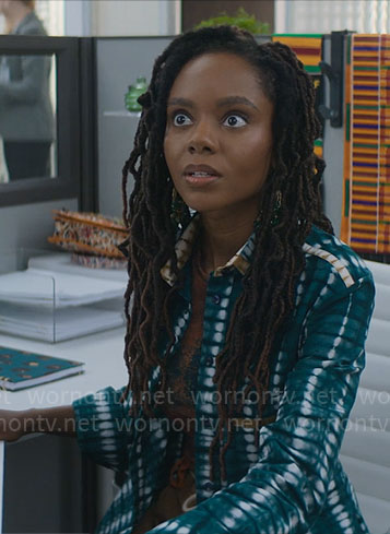 Hazel’s green tie dye shirt on The Other Black Girl