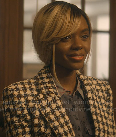 Hazel's tweed houndstooth blazer and colorblock floral shirt on The Other Black Girl