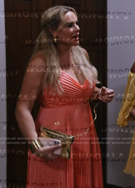 Heather's coral pleated dress on The Real Housewives Ultimate Girls Trip