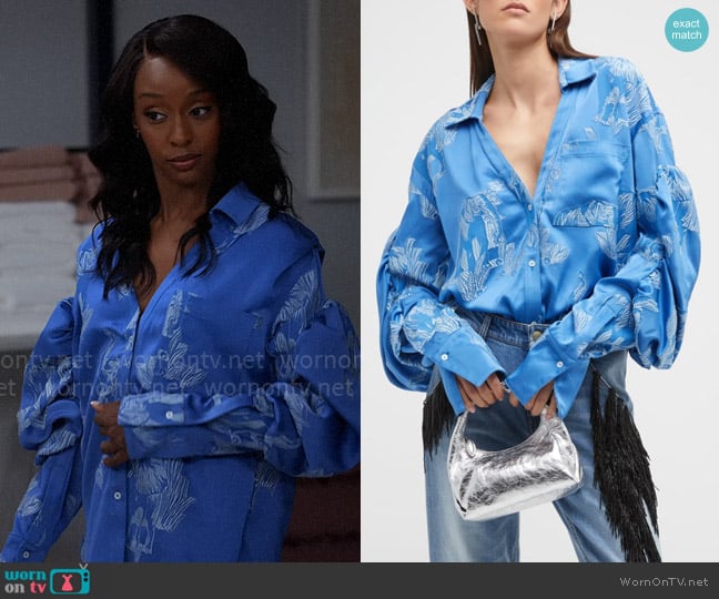 Hellessy Audrey Elephant Jacquard Puff-Sleeve Shirt worn by Karen Mott (Ebony Obsidian) on Tyler Perrys Sistas