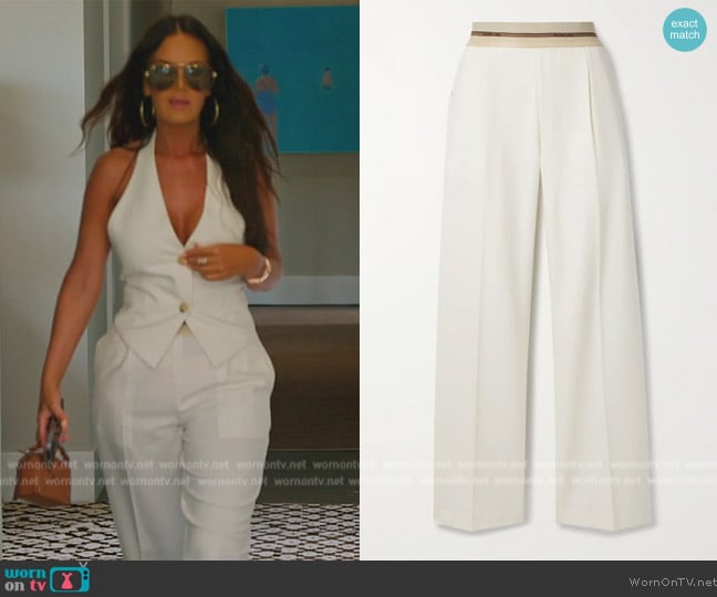 Helmut Lang Pleated jacquard-trimmed stretch-twill straight-leg pants worn by Lisa Barlow on The Real Housewives of Salt Lake City