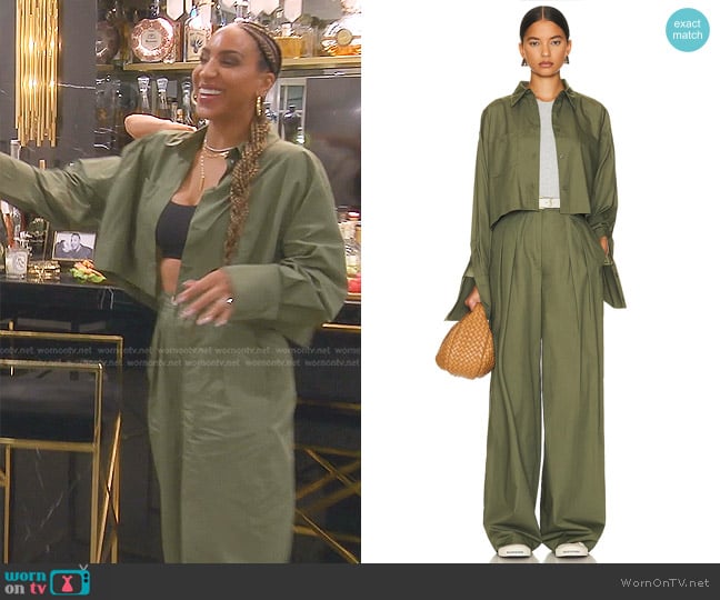 Helsa Cotton Poplin Cropped Shirt and Trouser worn by Annemarie Wiley on The Real Housewives of Beverly Hills