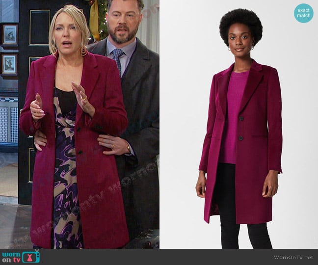 Hobbs Tilda Coat in Warm Plum worn by Nicole Walker (Arianne Zucker) on Days of our Lives