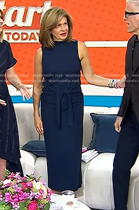 Hoda's navy tie waist sleeveless dress on Today