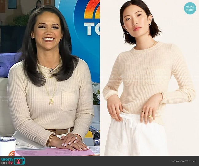 J. Crew Featherweight Cashmere Slim Sweater in Heather Natural worn by Laura Jarrett on Today