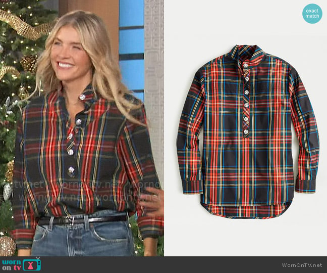 J. Crew Jeweled button popover tunic in Stewart tartan worn by Amanda Kloots on The Talk