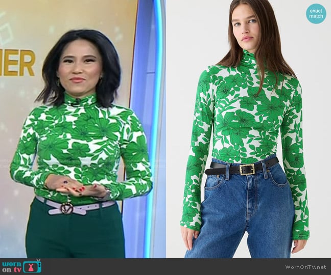 J. Crew Matte Jersey Turtleneck in Botanical Print in Vintage Kelly worn by Vicky Nguyen on Today