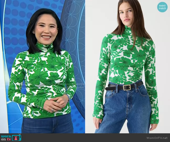 J. Crew Matte Jersey Turtleneck in Botanical Print in Vintage Kelly worn by Vicky Nguyen on Today