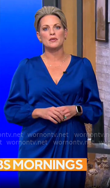 Jamie Yuccas' blue draped wrap dress on CBS Mornings