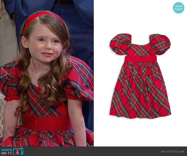 Janie and Jack Little Girl's & Girl's Plaid Puff-Sleeve Dress worn by  Charlotte DiMera (Oakley Rondou) on Days of our Lives