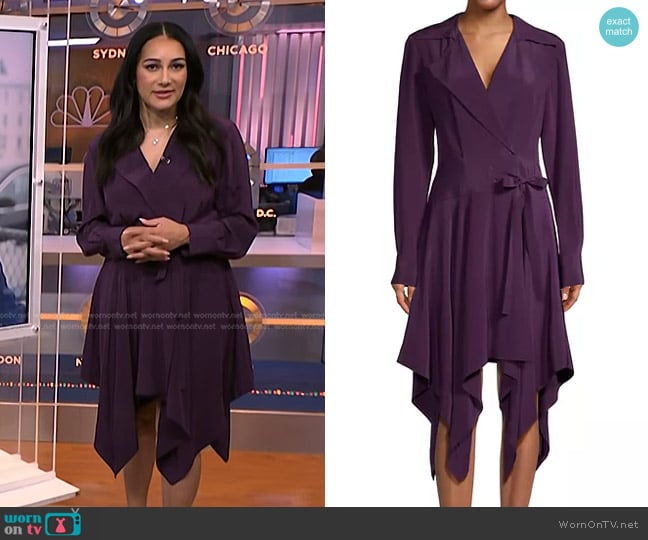 Jason Wu Silk Handkerchief Hem Shirtdress in Deep Plum worn by Morgan Radford on NBC News Daily