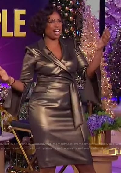 Jennifer's gold metallic wrap dress on The Jennifer Hudson Show