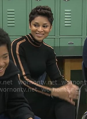 Jericka Duncan’s black dress with striped sleeves on CBS Mornings