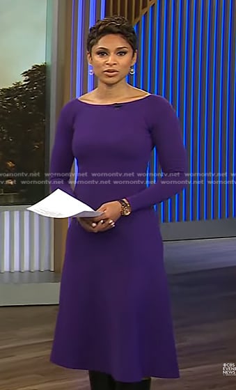 Jericka's purple long sleeve dress on CBS Evening News