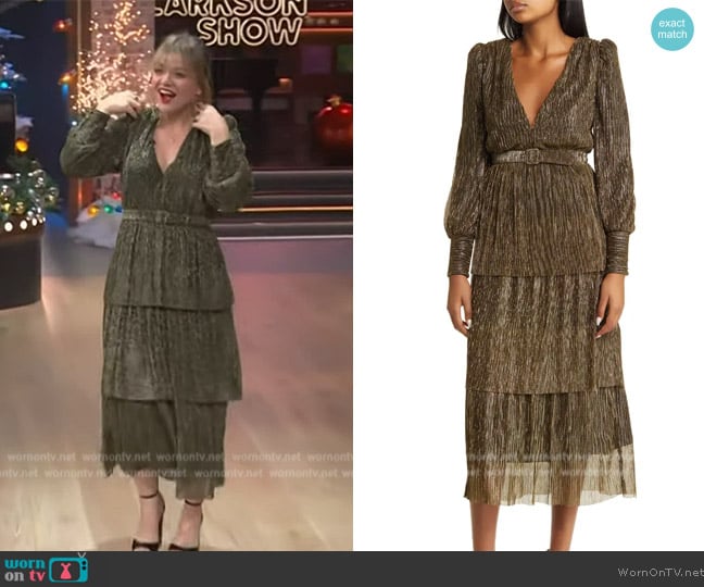 Jewel Badgley Mischka Metallic Long Sleeve Tiered Cocktail Midi Dress worn by Kelly Clarkson on The Kelly Clarkson Show