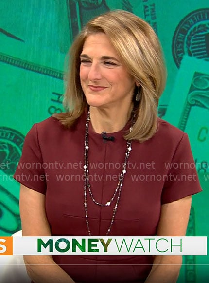 Jill Schlesinger's burgundy short sleeve dress on CBS Mornings