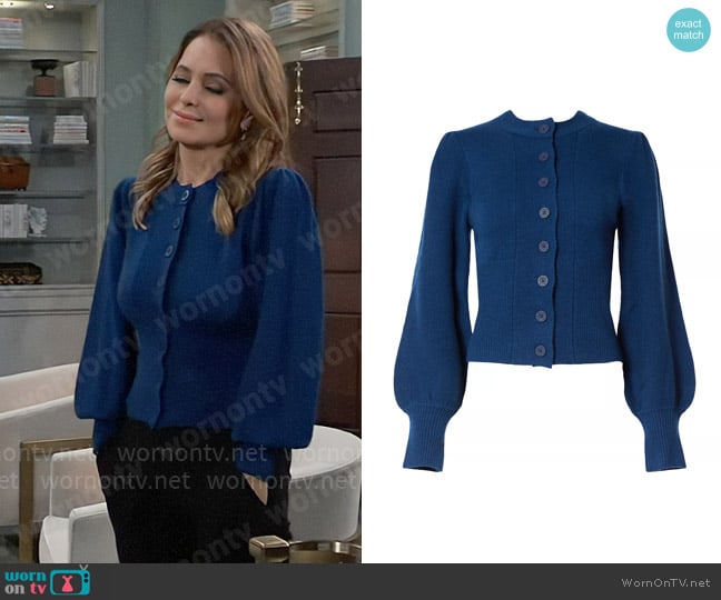 Joie Damien Wool Cardigan Sweater in Estate Blue worn by Olivia Falconeri (Lisa Lo Cicero) on General Hospital