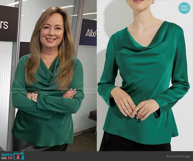 Joseph Ribkoff Draped Neck Top in True Emerald worn by Angela Zutavern on Today