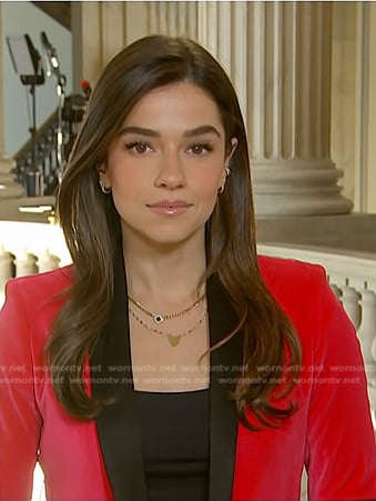 Julie’s pink contrast collar velvet blazer on NBC News Daily