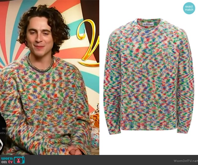 A.P.C. Multicolor JW Anderson Edition Connor Sweater worn by Timothee Chalamet on Access Hollywood