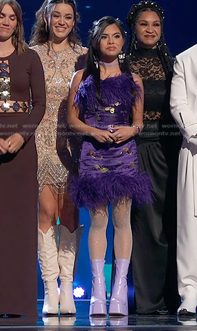 Kaylee Shimizu’s purple feather trim dress on The Voice