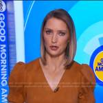 Kayna Whitworth’s orange puff sleeve suede dress on Good Morning America