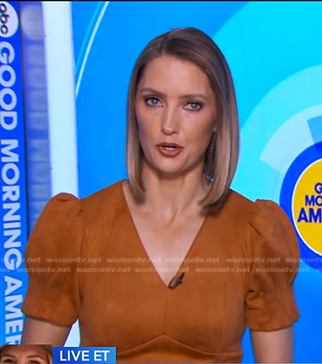 Kayna Whitworth’s orange puff sleeve suede dress on Good Morning America