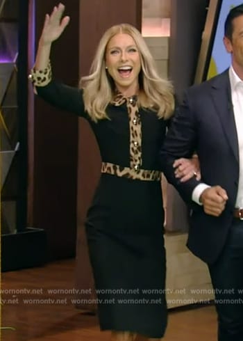 Kelly’s black dress with leopard trim on Live with Kelly and Ryan