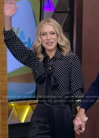 Kelly's black polka dot print blouse on Live with Kelly and Mark