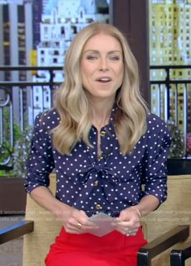 Kelly’s blue polka dot tie neck blouse on Live with Kelly and Mark