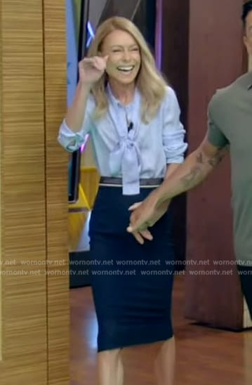 Kelly's blue tie neck blouse and skirt on Live with Kelly and Mark