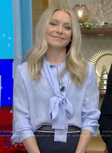 Kelly’s blue tie neck blouse and skirt on Live with Kelly and Mark