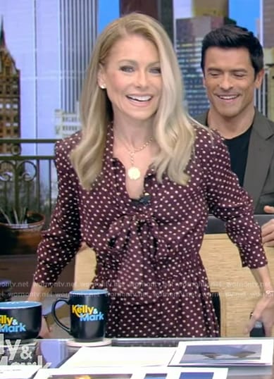 Kelly’s burgundy polka dot tie neck dress on Live with Kelly and Mark